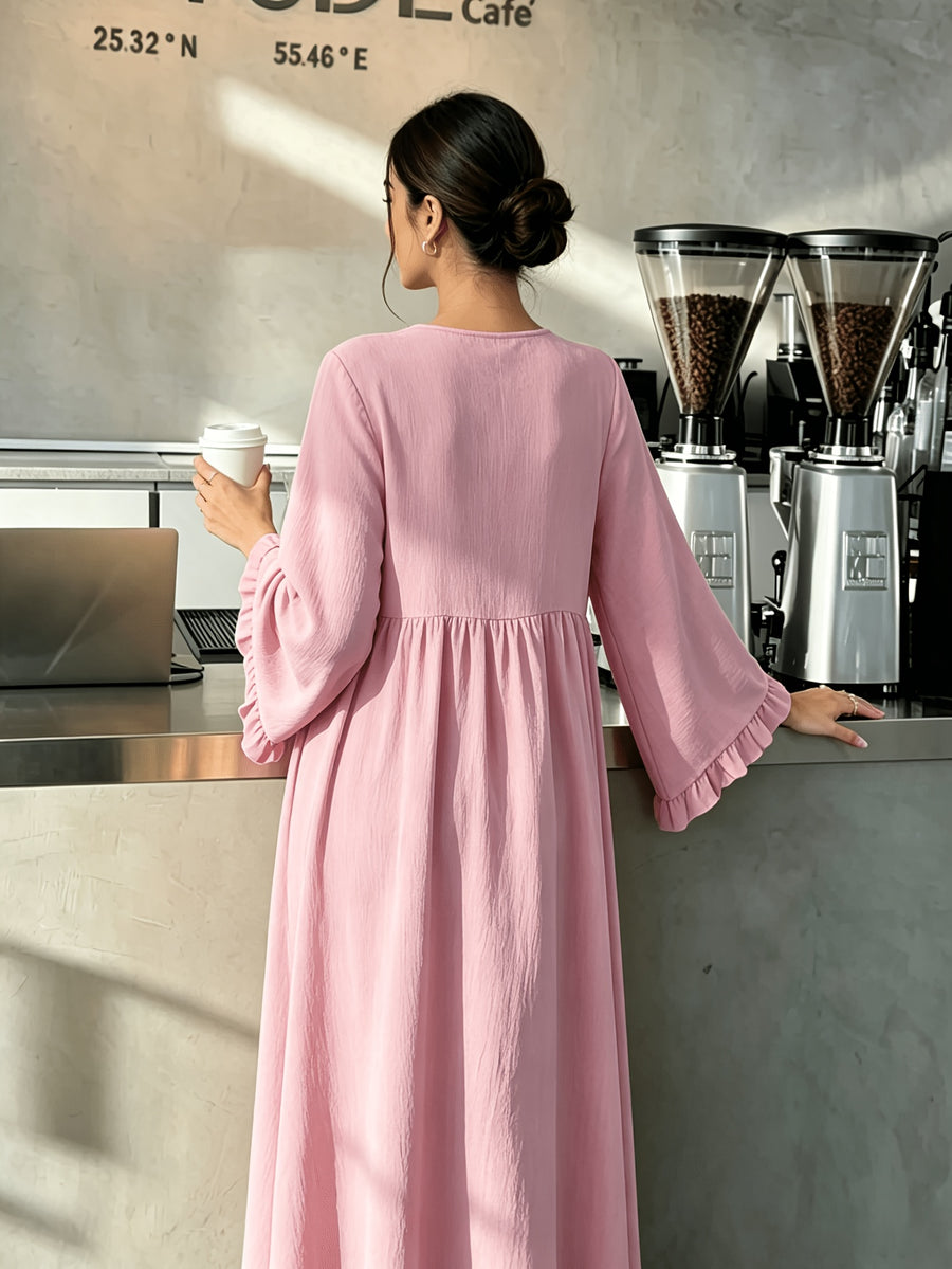 Round Neck Long Dress with Ruffled Flared Wide Sleeves, Soft Lightweight Breathable Fabric Loose Swing Style Dress for Women Daily Home And Outdoor Casual Matching - Pink Color