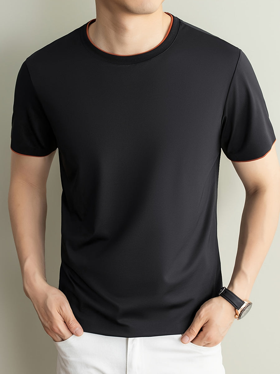 Summer Men'S Short Sleeve T-Shirt Casual Round Neck Solid Color Comfortable Cooling Breathable Polo Shirt - Black
