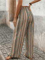 Women's Elegant and Romantic Stretch Waistband Pants, Spring/Summer Bohemian Style Striped Straight-Leg Trousers, Beach Vacation Wide-Leg Pants - Mixed colors