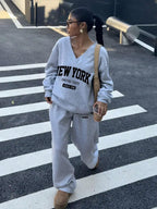 Plus Size Women's Casual V-Neck Sweatshirt and Sweatpants Set, New Fashion Letter Print ii 901 - Grey
