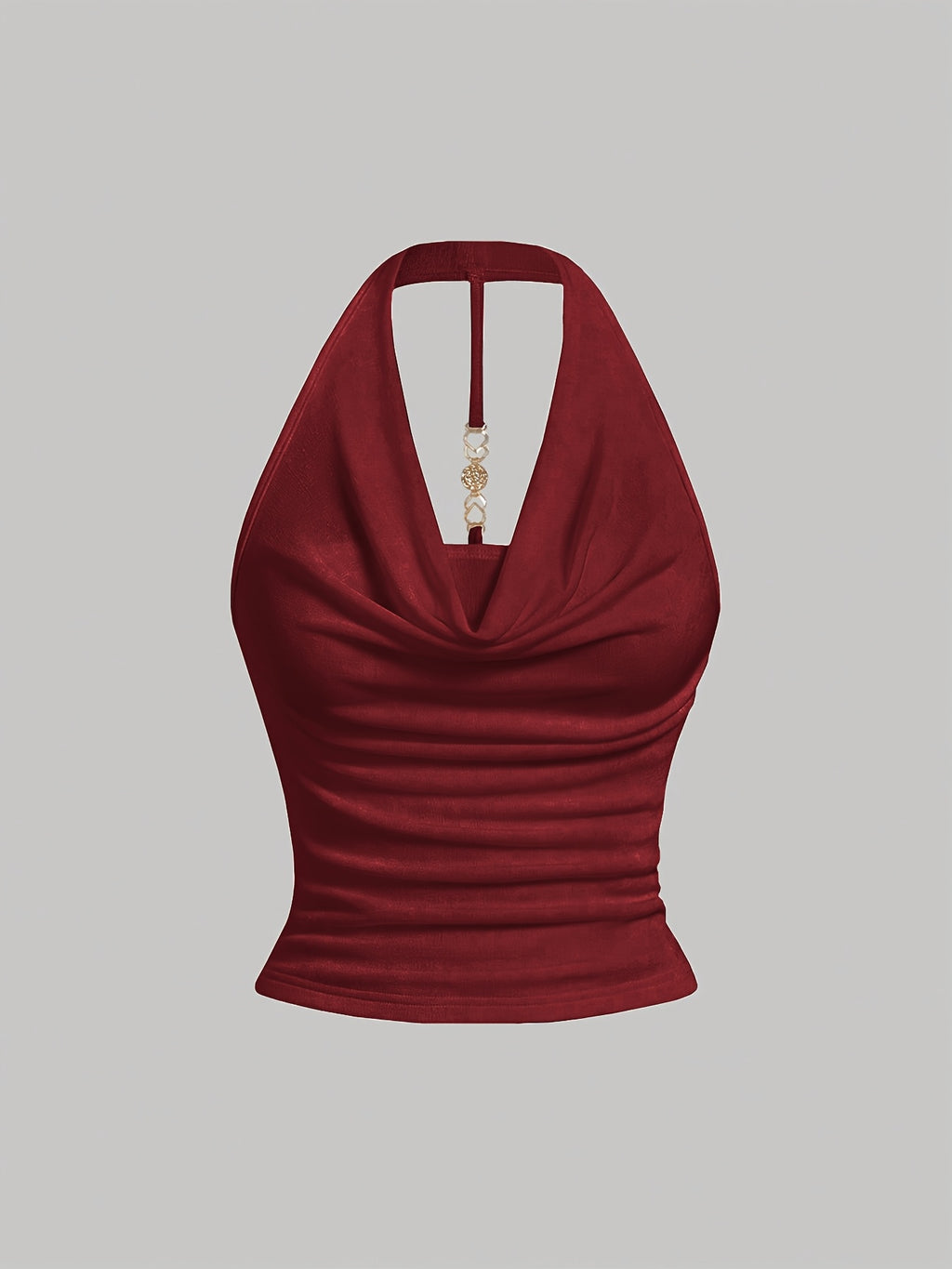 Women's Elegant and Fashionable Halter Neck Camisole with Draped Collar, a Slim-fit, Figure-flattering, and Sexy Solid-color Sleeveless Top - Burgundy