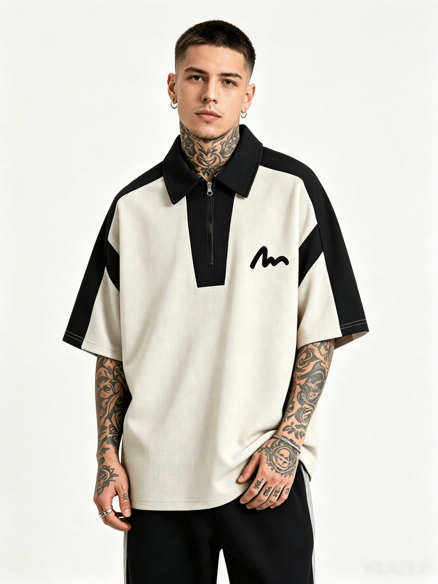Trendy Casual Half-Zipper Contrast Polo Shirt Men'S Hip-Hop Style Waffle Short Sleeve Top Modern Urban Street Style Hip-Hop Casual Half-Zipper Short Sleeve Top American Street Style Contrast Short Sleeve - Apricot