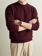 Autumn Winter Knit 3D Solid Round Neck Sweater, Basic Knit Pullover Top for Men, Fashionable Long Sleeve Sweater, Size Y - Dark Red