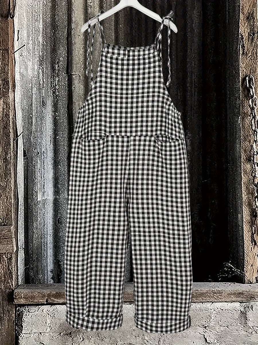 Fashionable Street Style Checkered Women'S Jumpsuit - Black And White Squares