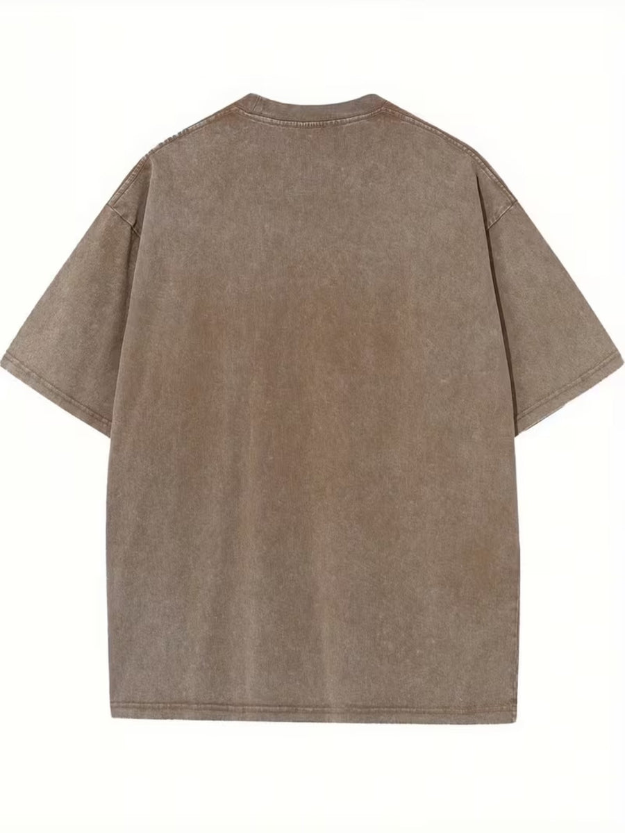 Men's Fashion Short-Sleeve Washed Distressed T-Shirt with "G" Letter Graphic Print, Suitable for Daily, Streetwear, Vintage, and Other Styling Approaches - Coffee Brown