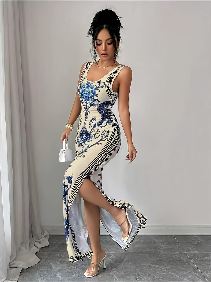 Elegant And Refined Sleeveless Round-Neck Slim-Fit Long Floral Print Dress with Side Slit. A Sophisticated Fashion Piece Perfect As a Bridesmaid Gown for Evening Galas, Parties, Vacations, And Beachside Wear - Blue