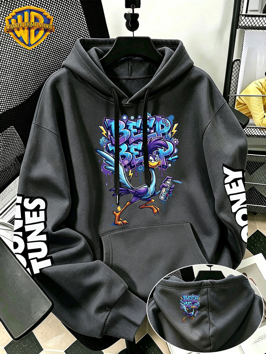 WB Warner Bros Official Men's & Women's Cyber Graffiti Runaway Bird Hoodie - Iconic WB Print Sweatshirt, Adjustable Hood, Loose Fit Warm Pullover for Fall/Winter, Machine Washable Suitable for Daily Wear & Outdoor Sports - Dark Gray