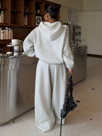 Plus Size - Autumn Winter New Size Large Solid Color Hooded Fleece Sweatshirt Set with Kangaroo Pouch And Drawstring Wide-Leg Sweatpants, Casual Lazy Style Two-Piece Set, Non-Restrictive Fit Suitable for Home, Daily Outings, And Outdoor - Light Grey