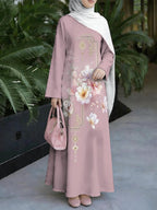 Women'S Hot Middle Eastern Style Muslim Elegant Robe, Rose Pink Chinese Style Floral Digital Print Long Dress, Loose Long Sleeve A-Line Flared Skirt, Home And Outdoor Prayer Universal, Soft And Flowing Non-Embroidered Craft - Mixed colors