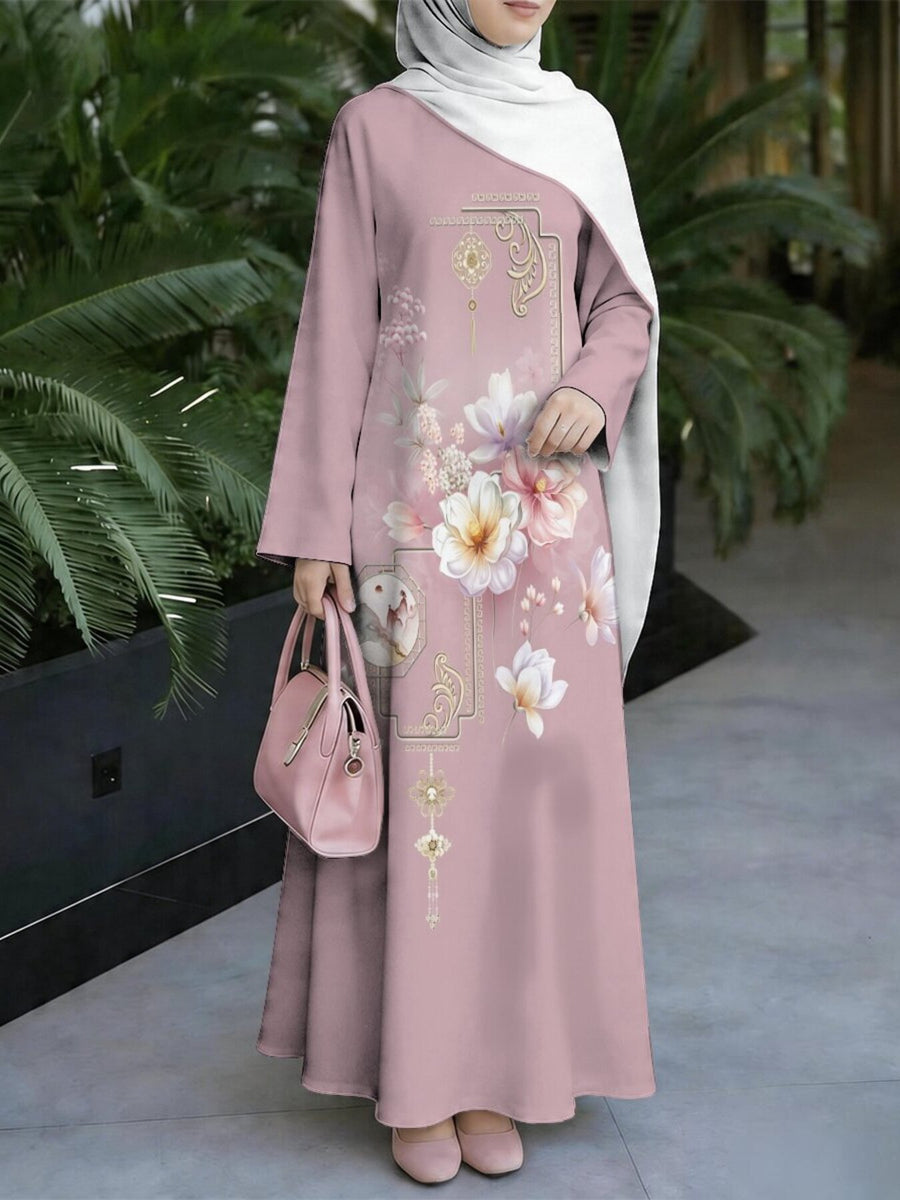 Women'S Hot Middle Eastern Style Muslim Elegant Robe, Rose Pink Chinese Style Floral Digital Print Long Dress, Loose Long Sleeve A-Line Flared Skirt, Home And Outdoor Prayer Universal, Soft And Flowing Non-Embroidered Craft - Mixed colors