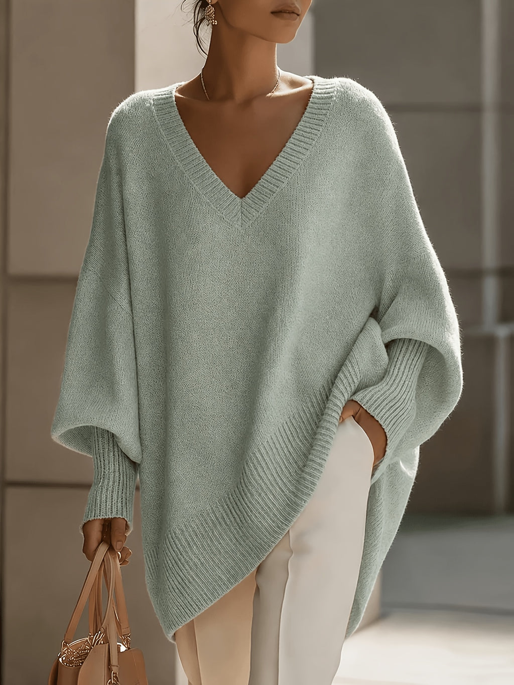 Plus Size - French Casual Style Plus Size V-Neck Sweater Women'S Loose Batwing Sleeve Solid Soft Pullover Sweater Autumn Winter Premium Top - Matcha Color