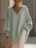 Plus Size - French Casual Style Plus Size V-Neck Sweater Women'S Loose Batwing Sleeve Solid Soft Pullover Sweater Autumn Winter Premium Top - Matcha Color