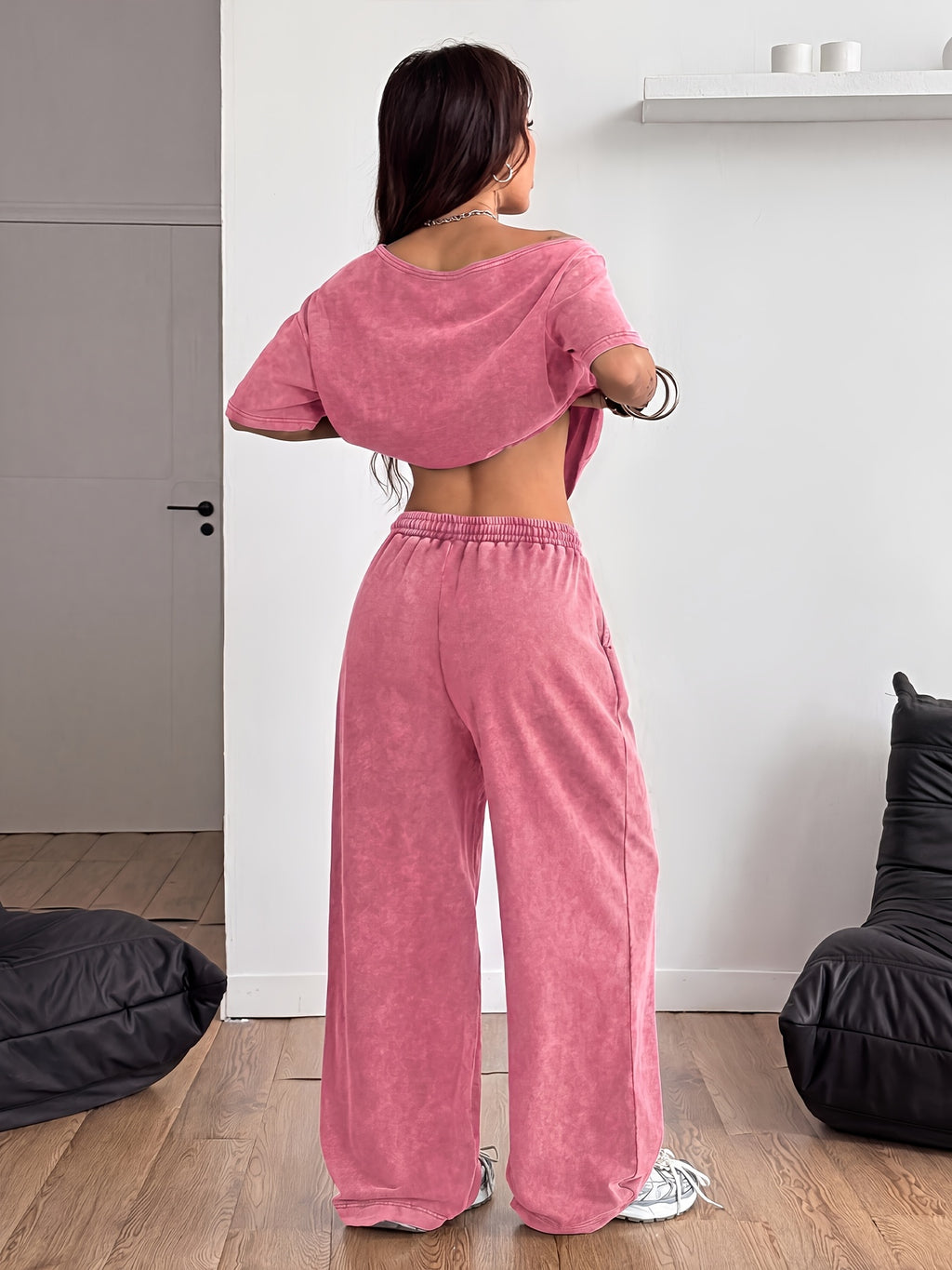 Y2K Vintage Washed 2pcs Sportswear Set - Off-the-Shoulder Top + Butterfly Print Loose Wide-Leg Pants, Sweet and Cool Street Style Women's Loungewear - Red