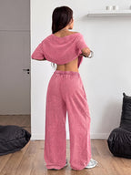 Y2K Vintage Washed 2pcs Sportswear Set - Off-the-Shoulder Top + Butterfly Print Loose Wide-Leg Pants, Sweet and Cool Street Style Women's Loungewear - Red