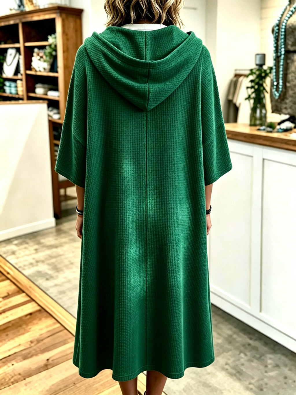 Plus Size - Spring Autumn New Waffle Half-Zip Hooded Sweatshirt Dress Women'S Loose Plus Size Three-Quarter Sleeve Drawstring Pocket Mid-Length Casual Style Solid Color Pullover Dress - Green