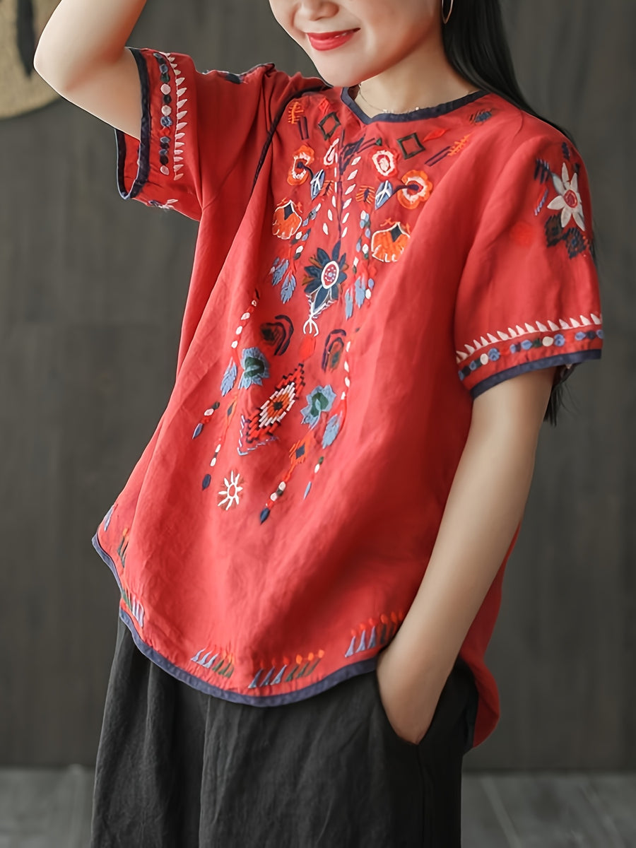 New Ethnic Style and Embroidered T-shirt for Women in Summer, Retro and Artistic, Loose and Oversized, and Versatile Short Sleeved Top The Chest, Cuffs, and Hem Are All Covered in Embroidered Patterns with Bohemian/ethnic Style - Red
