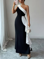 Romantic Fashionable Exquisite Black-And-White Color Block Evening Gown Women'S Elegant 3D Floral Streamer Decoration Asymmetric Shoulder Neckline Asymmetric Design Sexy Tailored Waist-Cinched Bodycon Long-Length Dress Bridesmaid Dress Women'S - Black