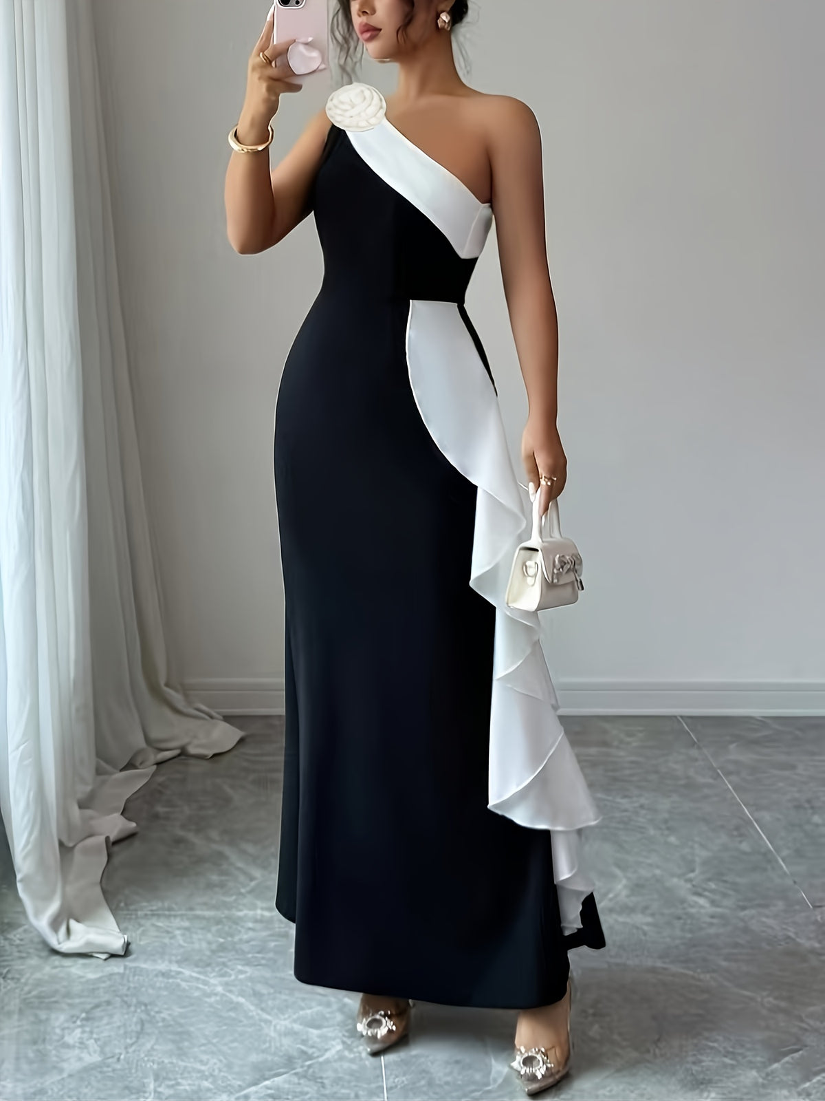 Romantic Fashionable Exquisite Black-And-White Color Block Evening Gown Women'S Elegant 3D Floral Streamer Decoration Asymmetric Shoulder Neckline Asymmetric Design Sexy Tailored Waist-Cinched Bodycon Long-Length Dress Bridesmaid Dress Women'S - Black