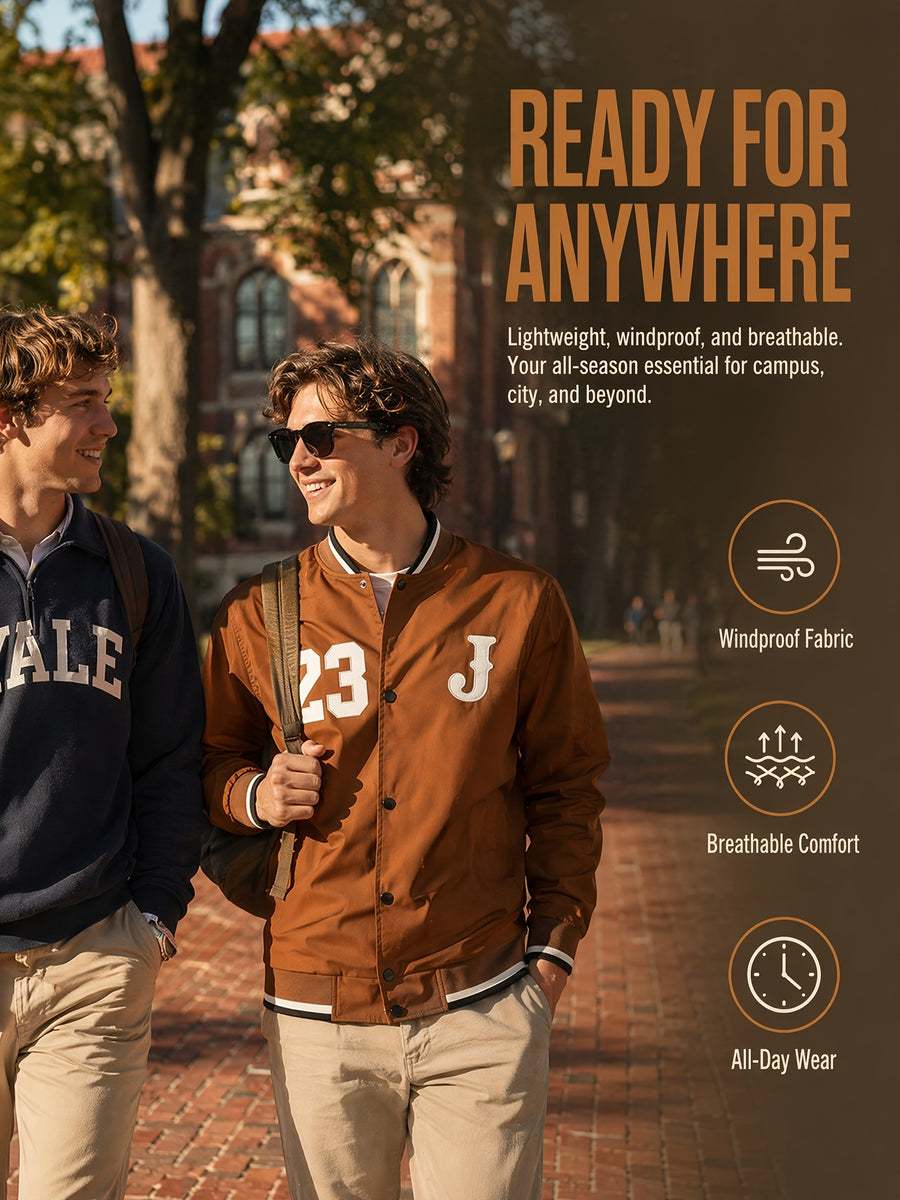 Men's New Streetwear Academic Jacket, Number 23 and J Pattern Design, Vintage Style with Pockets, Lightweight and Versatile for Casual Wear, Men's Fashion Baseball Jacket Outerwear - Rust