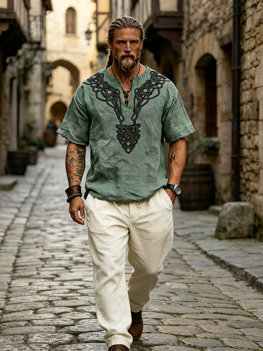 2026 Summer New Men'S Ethnic Style Short Sleeve Print V-Neck T-Shirt, Loose Casual Top - Olive Green