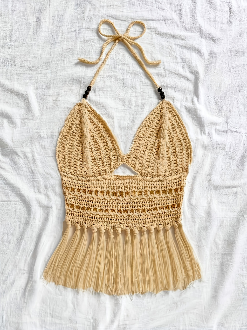 Spring Summer New Women'S Vacation Style Crochet Halter Top Solid Color Tassel Trim Hollow Out Beach Top, Bohemian Style, Date Outing, Valentine'S Day Gift, Music Festival Outfit, Mother'S Day, Beach Vacation [ASD1] - Khaki