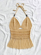 Spring Summer New Women'S Vacation Style Crochet Halter Top Solid Color Tassel Trim Hollow Out Beach Top, Bohemian Style, Date Outing, Valentine'S Day Gift, Music Festival Outfit, Mother'S Day, Beach Vacation [ASD1] - Khaki