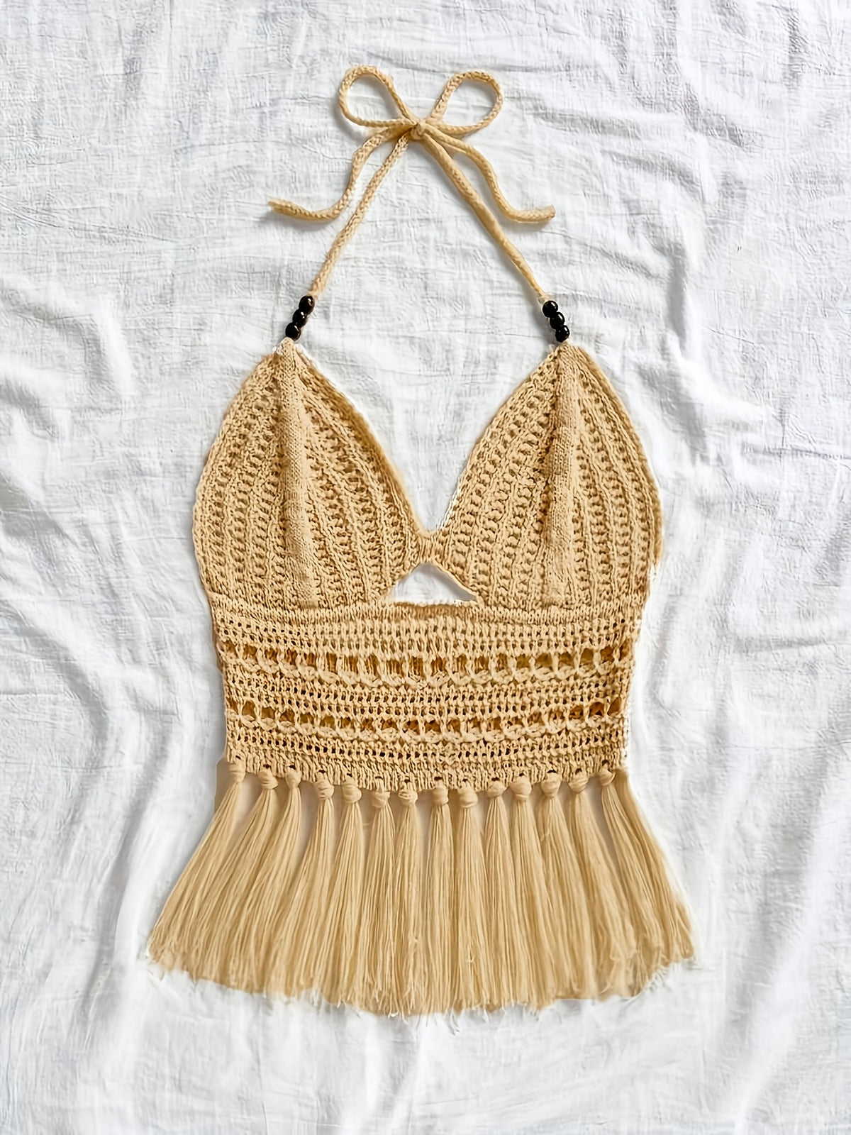 Spring Summer New Women'S Vacation Style Crochet Halter Top Solid Color Tassel Trim Hollow Out Beach Top, Bohemian Style, Date Outing, Valentine'S Day Gift, Music Festival Outfit, Mother'S Day, Beach Vacation [ASD1] - Khaki