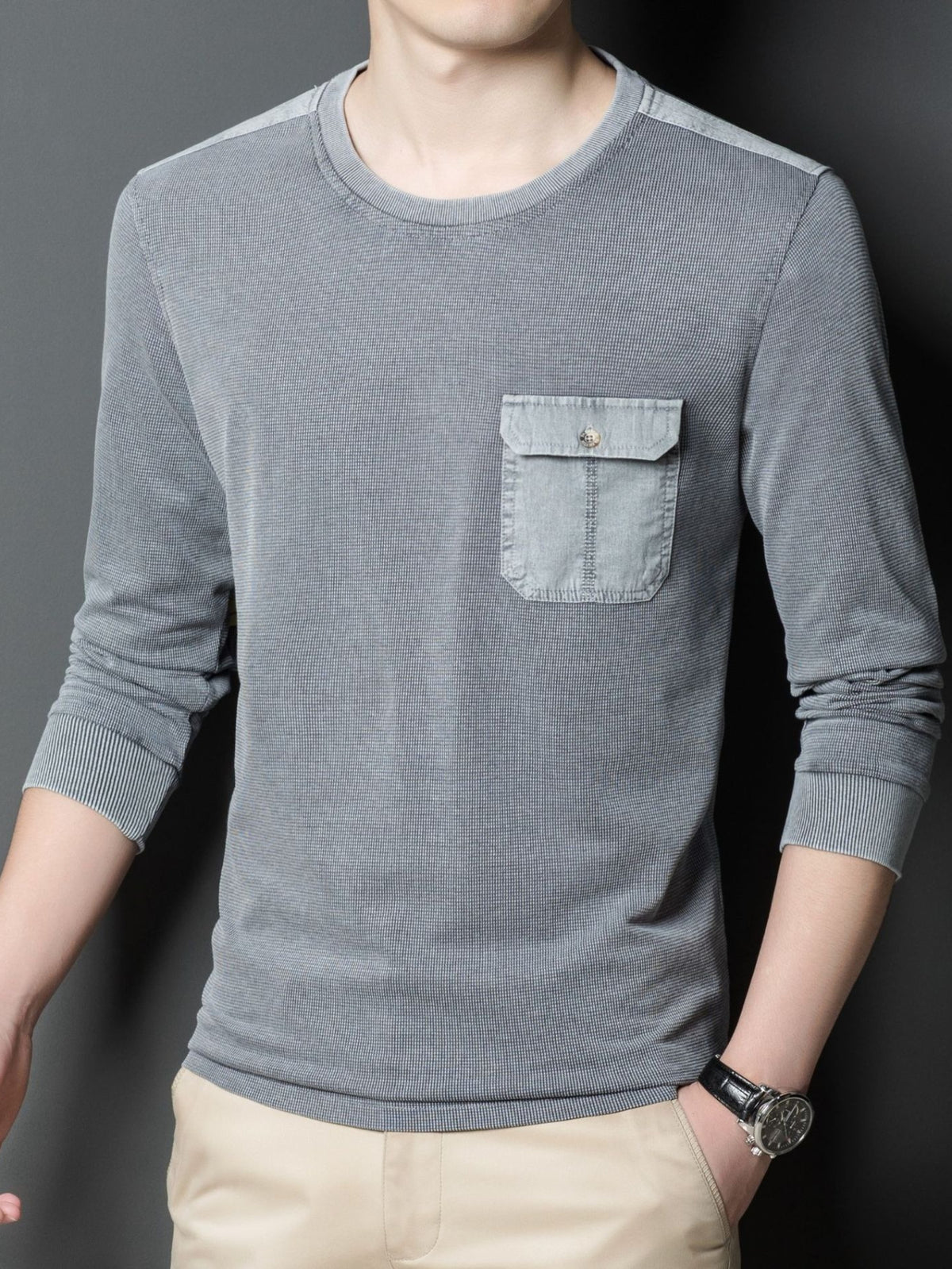 Men'S Round Neck Waffle Long Sleeve T-Shirt, Washed Distressed Craft Button Pocket Top, Comfortable Breathable Casual All-Match - Grey