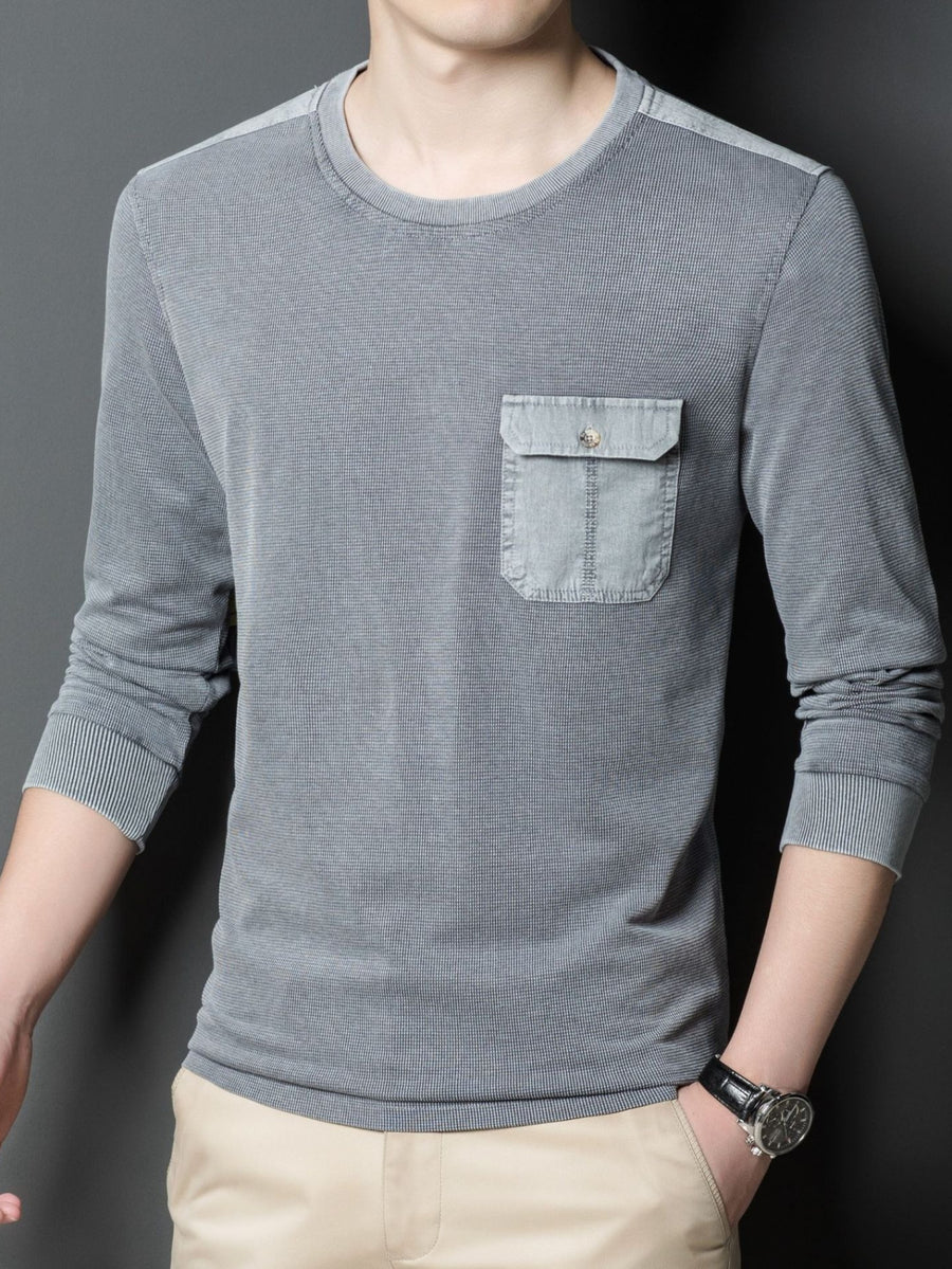 Men'S Round Neck Waffle Long Sleeve T-Shirt, Washed Distressed Craft Button Pocket Top, Comfortable Breathable Casual All-Match - Grey