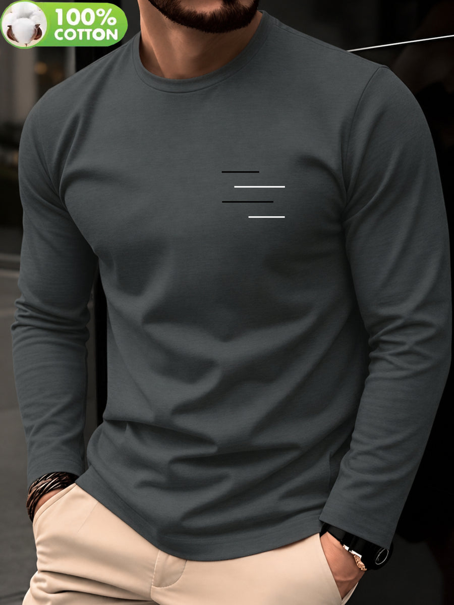 100% Cotton Men's T-Shirt, Spring Long Sleeve Thin Top, Trendy, Fashionable, Simple, Casual, Versatile, Suitable for Commuting and Daily Wear, Geometric Line Pattern, Stylish, Elegant, , and Fun - Dark Gray