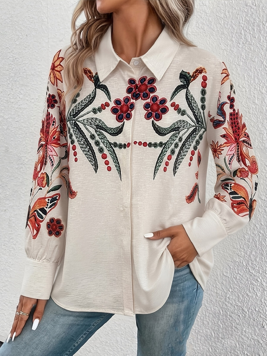 Women's Spring/Summer Shirt with Digital Print, Fashionable, Elegant, and Temperamental, Casual Loose-Fit Long Sleeve Lapel Cardigan, Gorgeous Clothing for Daily Outings, Commuting, Vacation, and Versatile Styling - Apricot
