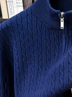 Half-zip Cable-knit Sweater, Fully Constructed with Herringbone Cable Stitching for a Strong Three-dimensional Texture. Compared to a Stockinette Sweater, It Has a More Vintage Feel. The Slightly Relaxed Fit Offers Good Forgiveness for Body Shapes - Navy Color