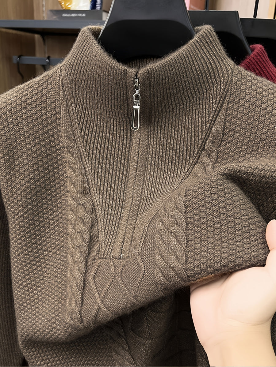 Men'S Thickened Semi-Open Zipper Stand Collar Knit Sweater, Ribbed Cuffs And Hem, Autumn/Winter Style, Single Wear And Layering, Light Mature Business Casual Style - Coffee Color