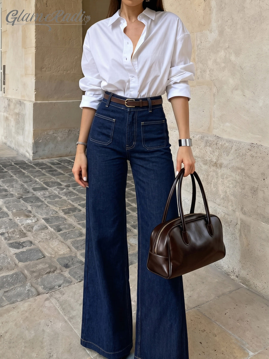 New Women'S High-Waist Wide Flare Jeans, Dark Blue with Front Patch Pockets And Stretch Fabric, Trendy Stylish Comfortable Cut. Ideal for Shopping, Commuting, Vacations, Festivals, And All Outdoor Occasions, Wearable Year-Round - Deep Blue