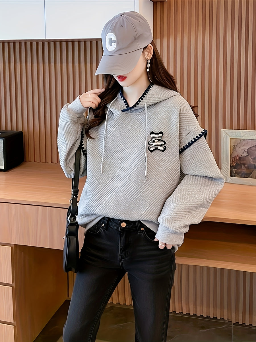 New Style Hooded Color-Blocked Lace 3D Patch Cartoon Waffle Sweatshirt for Women D1222A - Grey