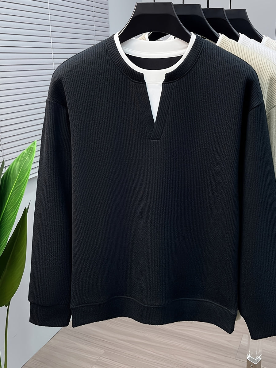 Men's Vertical Stripe V-Neck 2-in-1 Look Long-Sleeve Pullover Top, Regular Shoulder Long Sleeves, Ribbed Cuffs and Hem, Can Be Worn Alone or as a Layering Piece - SINBOS - Blue Black