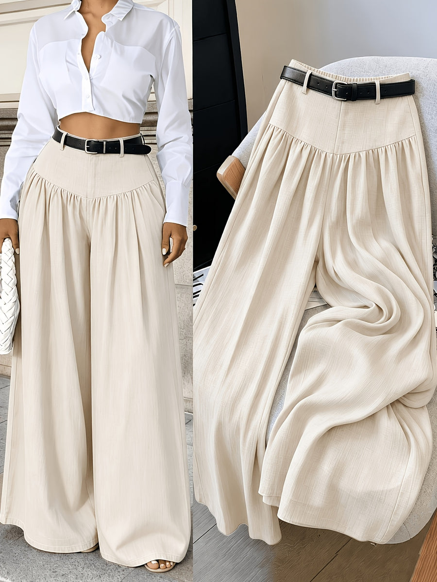 3116#YYTT+ Solid Color Women's Elegant Flowy Wide-Leg Pants, Commuter Style. Suitable for Work and Casual Wear. Belt Not Included - Apricot