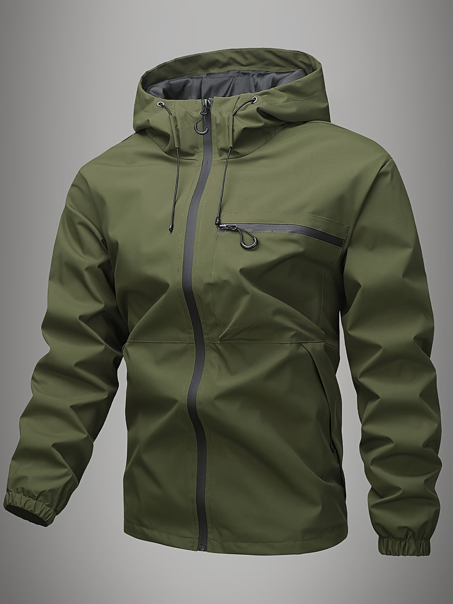 Men's Hooded Windbreaker, Single-layer Thin Design with Diagonal Zipper Chest Pocket, Commuting and Travel Casual Top, Outdoor Hiking Jacket with Zipper Pockets, Techwear Casual Jacket, Suitable for Daily Work Scenarios. - Military Green