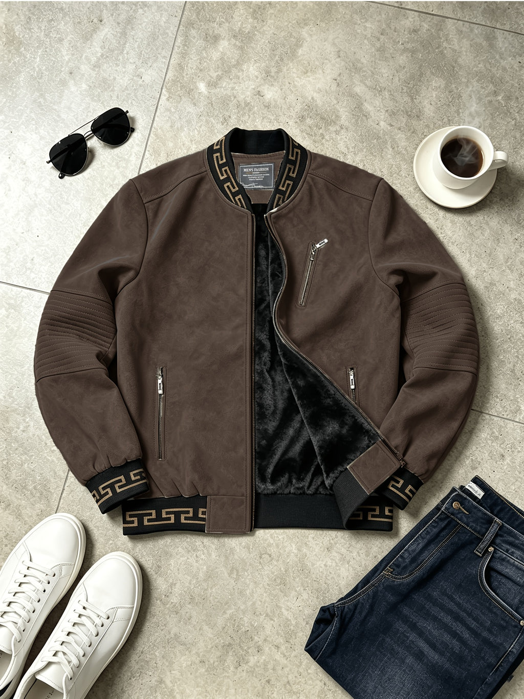 Men's -Lined -Look Baseball Jacket, Vintage Herringbone Ribbed Collar Casual Baseball Coat, for Daily Outdoor Streetwear - Dark Brown