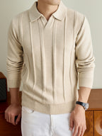 Men's Fall Winter V-Neck Buttonless Collar Knit Polo Sweater, Vertical Ribbed Long Sleeve Pullover with Ribbed Trim, Casual Top - Apricot