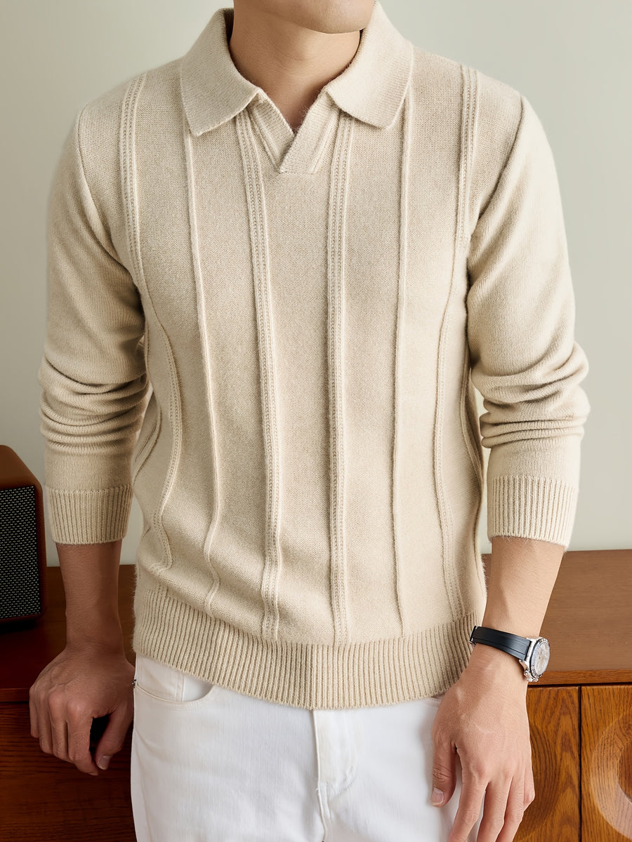 Men's Fall Winter V-Neck Buttonless Collar Knit Polo Sweater, Vertical Ribbed Long Sleeve Pullover with Ribbed Trim, Casual Top - Apricot