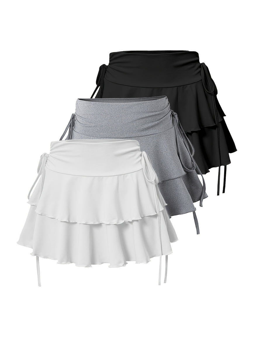 3pcs Set New Women'S Fashion Half Skirt with Ruffle Drawstring Elastic Short Skirt - Black And White Gray