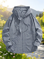 Men'S Casual Plaid Shirt, Loose Hooded Plaid Shirt - Blue