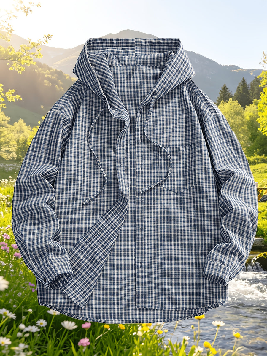 Men'S Casual Plaid Shirt, Loose Hooded Plaid Shirt - Blue