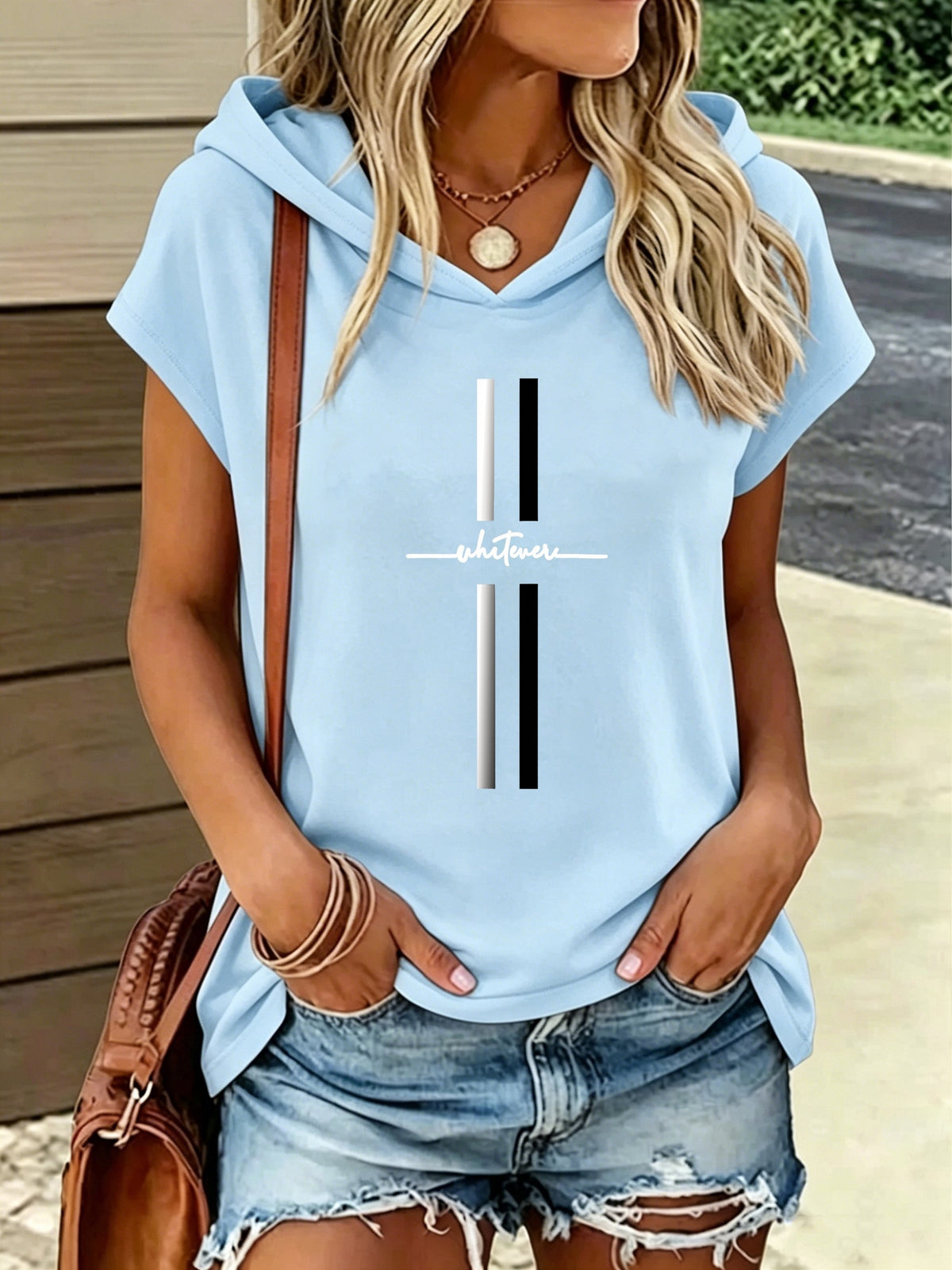 1pc Hooded T-Shirt with Easy Letter Print Design, Loose And Casual Style, New Summer Y2K Style Women'S Casual Sportswear, Elegant, Fashionable, And Comfortable T-Shirt Top - Sky Blue