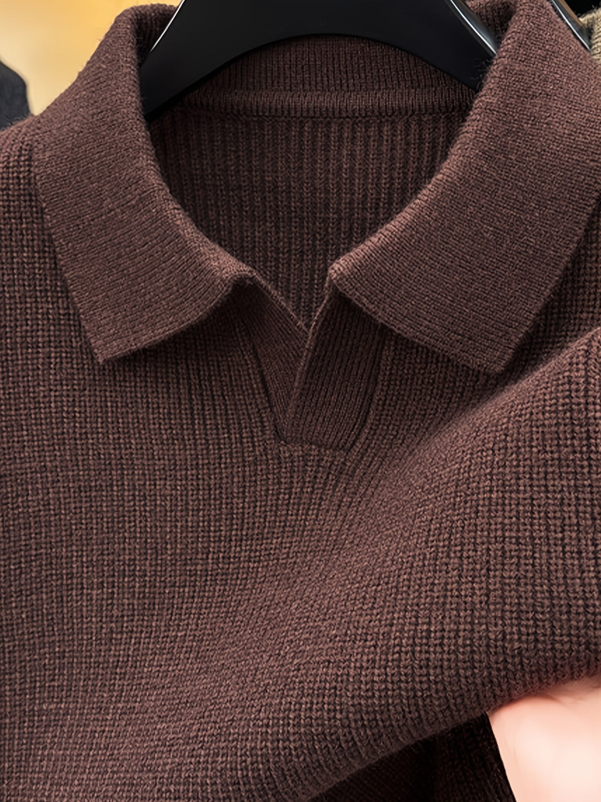 Autumn Winter Men'S V-Neck Small Revers Sweater Heavyweight Knit Fabric Dark Green Brown Black Three-Color Business Casual Pullover - Coffee