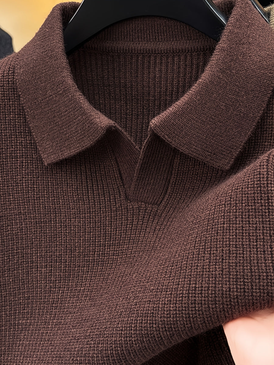 Autumn Winter Men'S V-Neck Small Revers Sweater Heavyweight Knit Fabric Dark Green Brown Black Three-Color Business Casual Pullover - Coffee