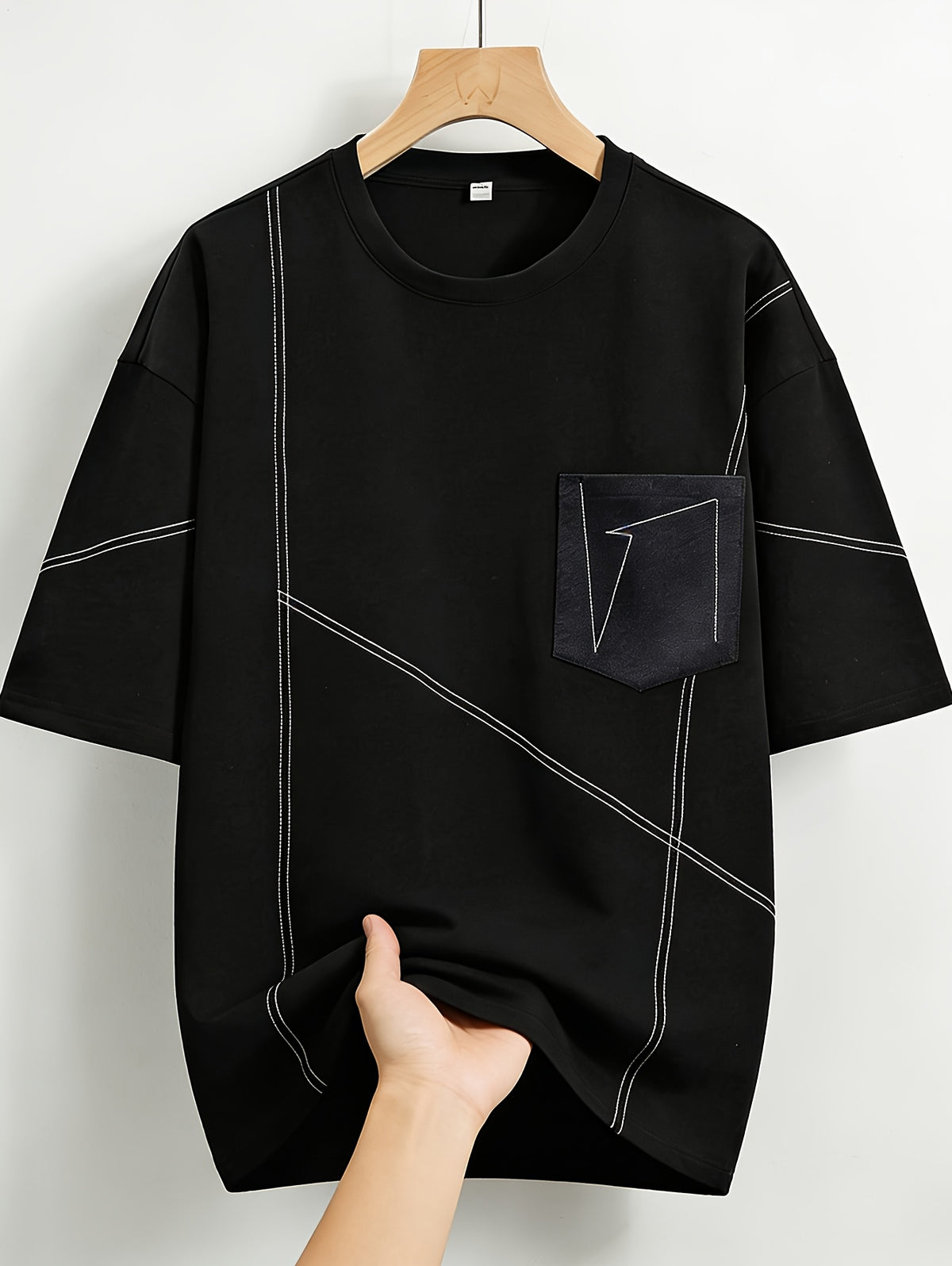 Men'S Casual Sports T-Shirt Korean Style Trendy Brand Fashion Design Summer Top Loose Solid Line Patchwork Casual T-Shirt Short Sleeve in Stock - Black