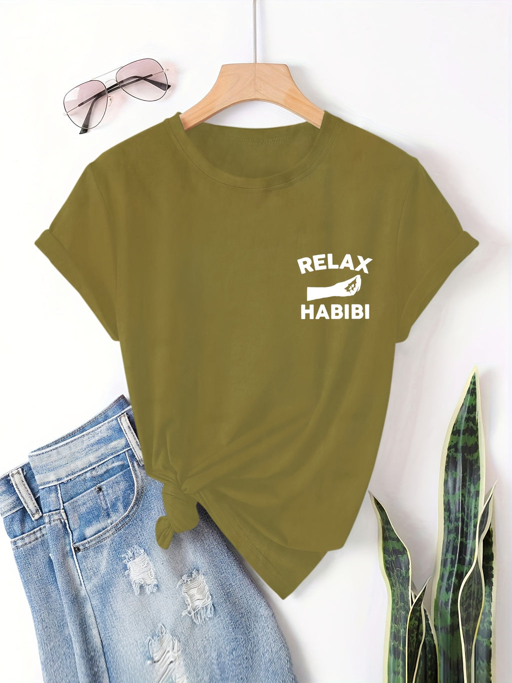 Front And Back Printed Women'S Fashion Base Print T-Shirt, Soft And Versatile, Casual Style Printed Pattern with RELAX HABIBI Lettering And Hand Gesture Design Printed Short Sleeve T-Shirt, Suitable for Casual Wear, Fashion All-Season Top - Olive Green