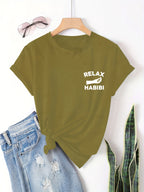 Front And Back Printed Women'S Fashion Base Print T-Shirt, Soft And Versatile, Casual Style Printed Pattern with RELAX HABIBI Lettering And Hand Gesture Design Printed Short Sleeve T-Shirt, Suitable for Casual Wear, Fashion All-Season Top - Olive Green
